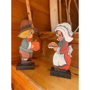 Thanksgiving Pilgrims Decor Wooden Vintage Hand Painted